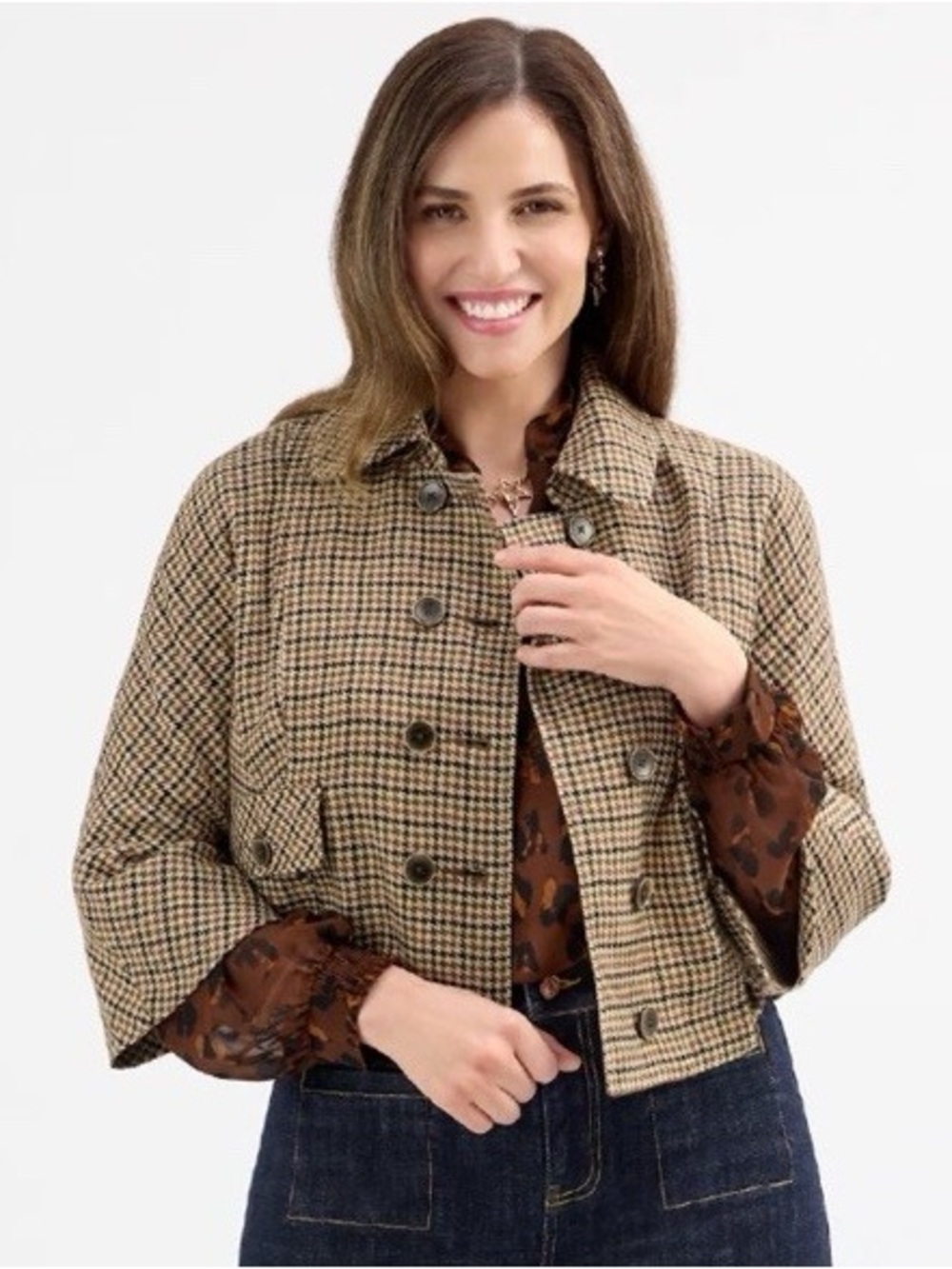 Cabi Plaid Cropped Button-Front Jacket in Brown NWOT